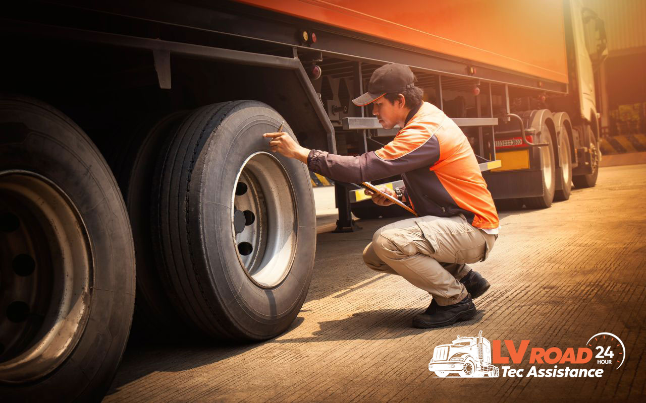 Technician inspecting tire pressure for truck safety.