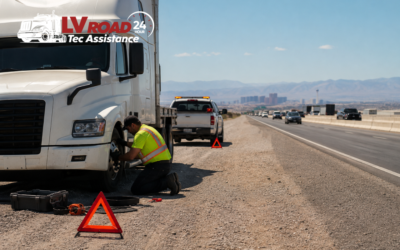 Emergency semi truck roadside assistance in Las Vegas on a busy highway