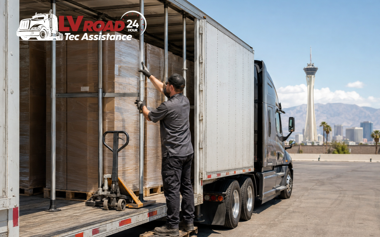 Technician performing a load adjustment service for semi trucks in Las Vegas