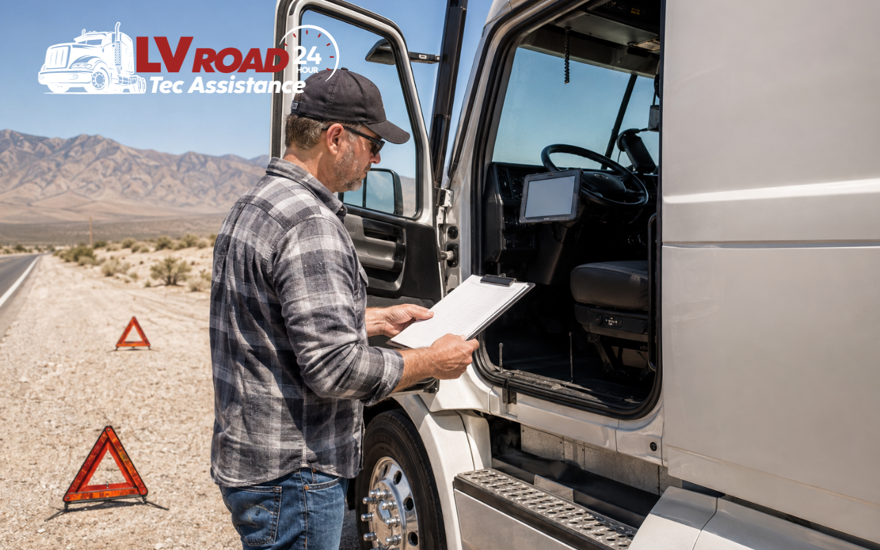 Driver reviewing multi-state DOT compliance for semi trucks in Nevada