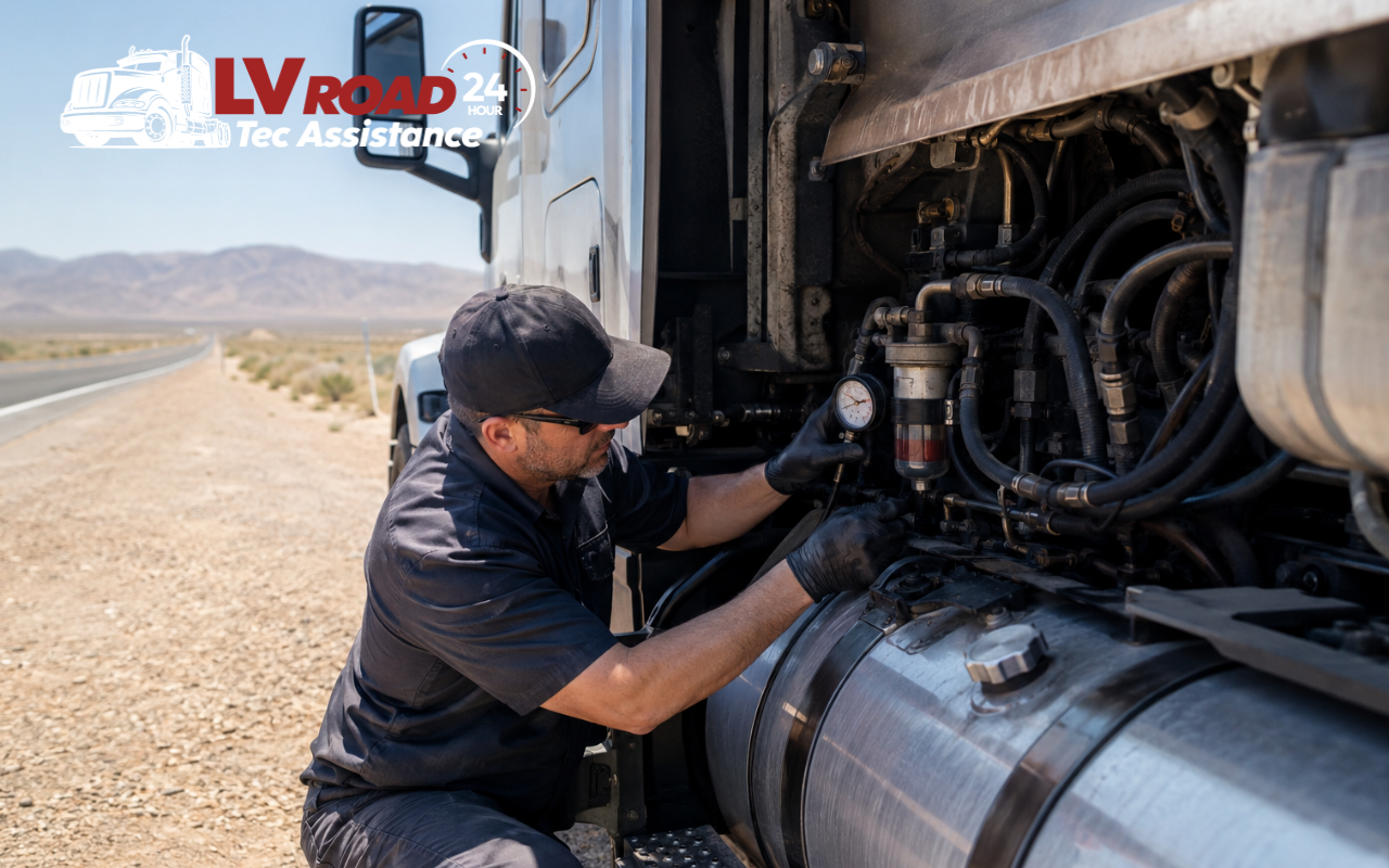 Semi truck fuel system problems in extreme heat on a Nevada highway