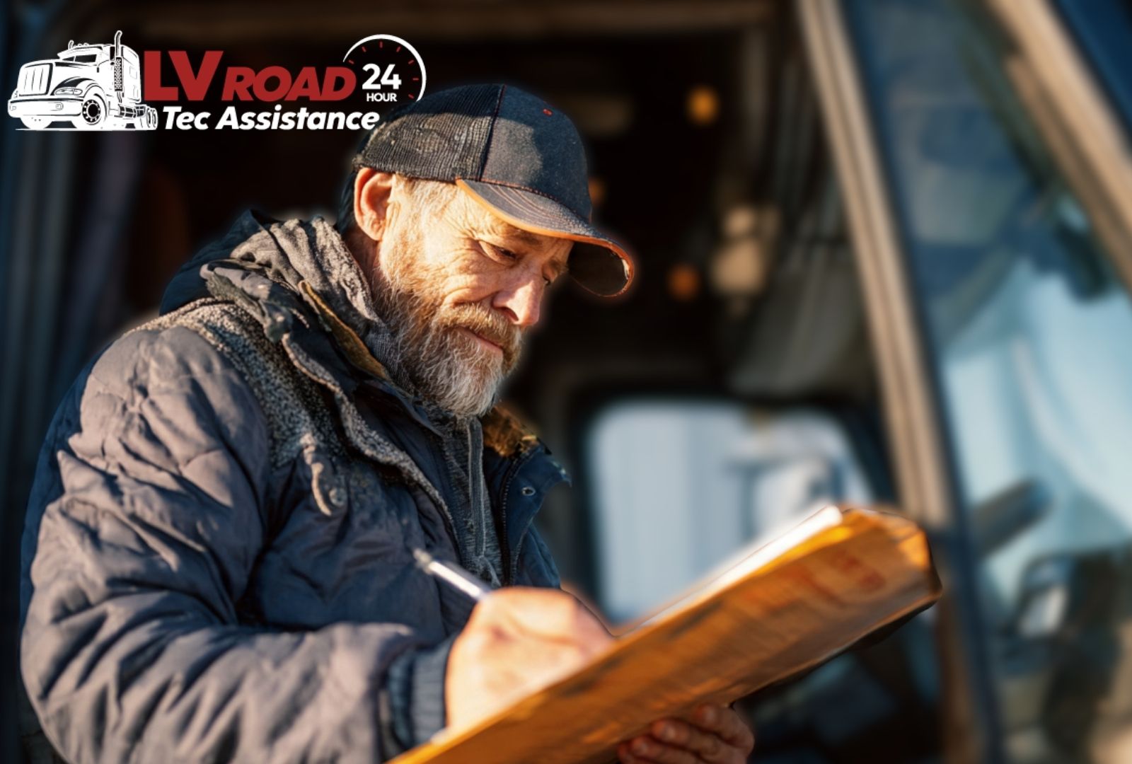 Driver organizes cab documents for a DOT Level 1 inspection checklist in California.