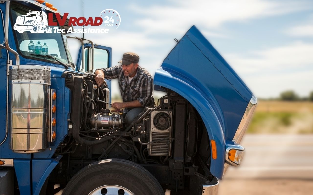 Driver checking semi truck AC not blowing cold air during a roadside stop