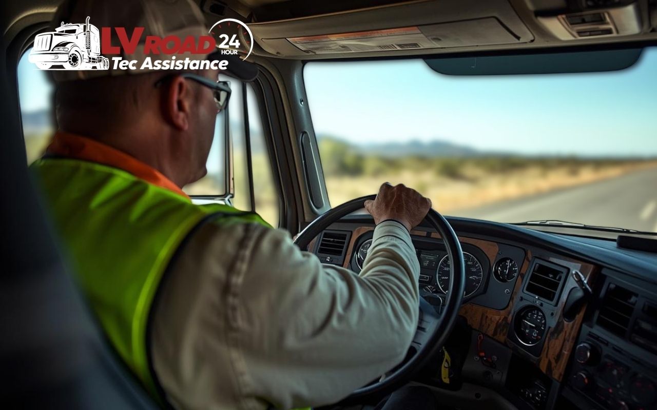 Driver checking semi truck air suspension problems on the road