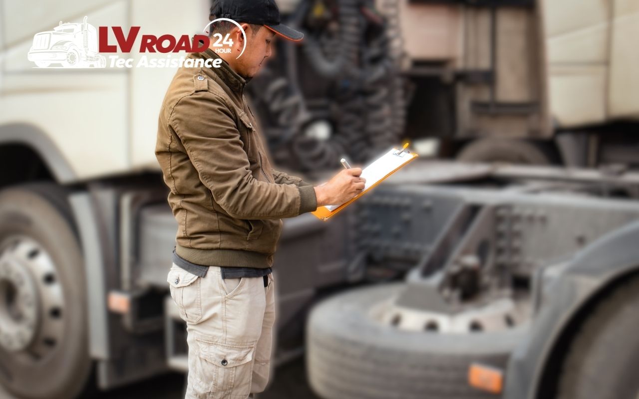 Mechanic checking wheel bearing noise on semi truck during inspection