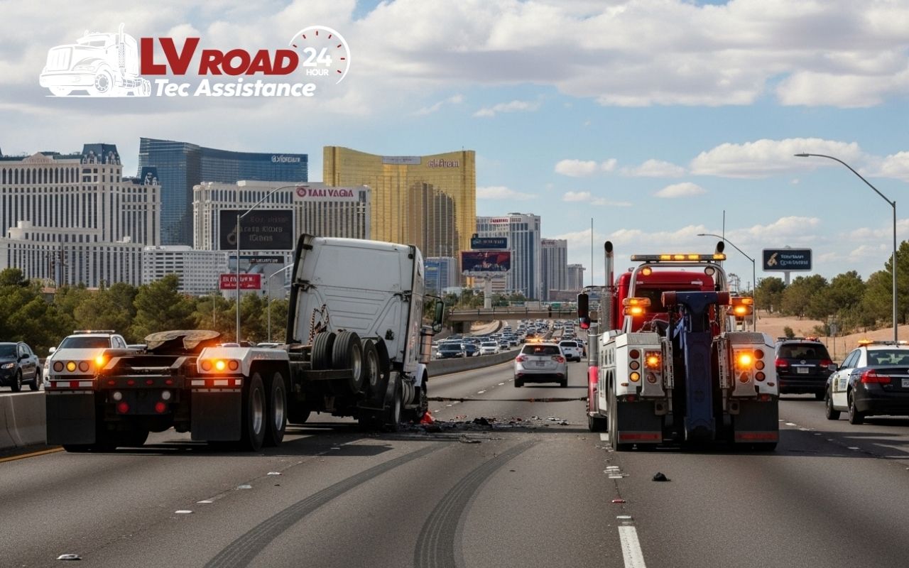 semi truck jackknife recovery towing in Las Vegas on a busy highway