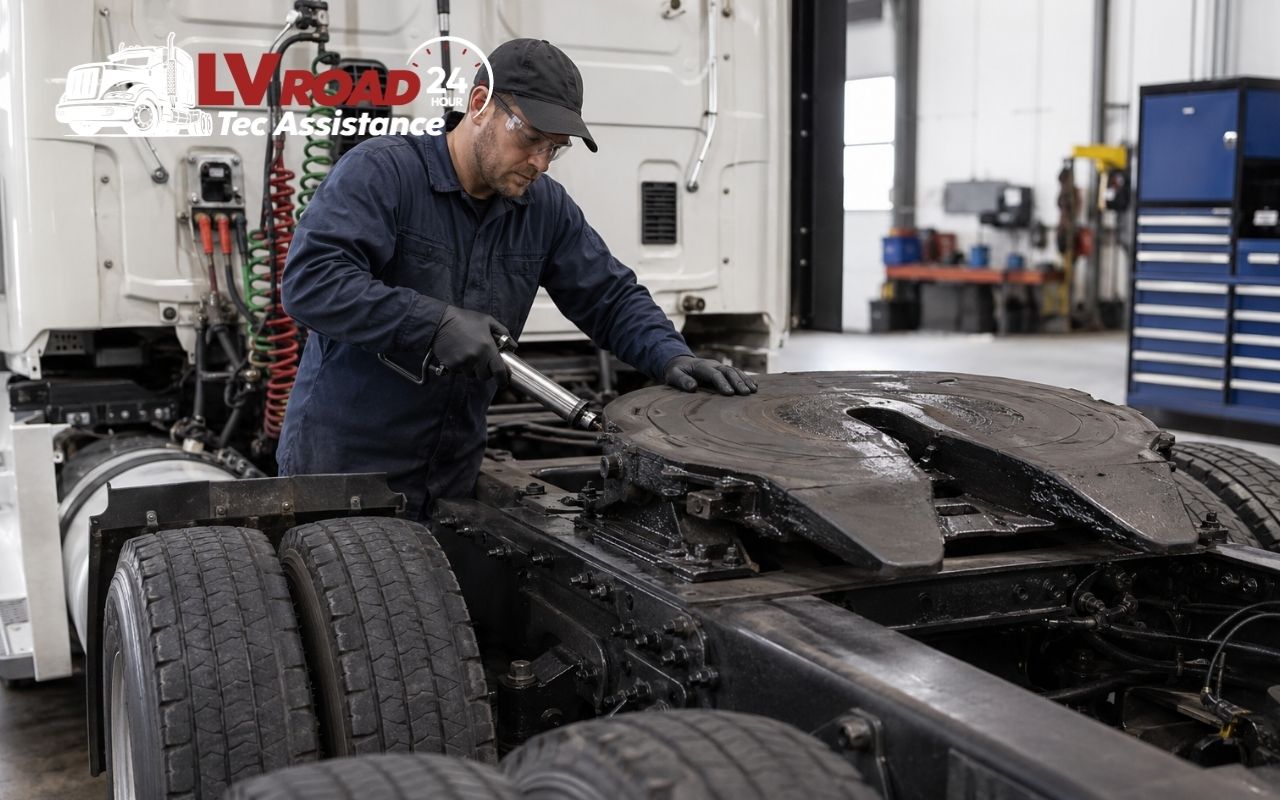 Technician checking semi truck air suspension repair in Las Vegas