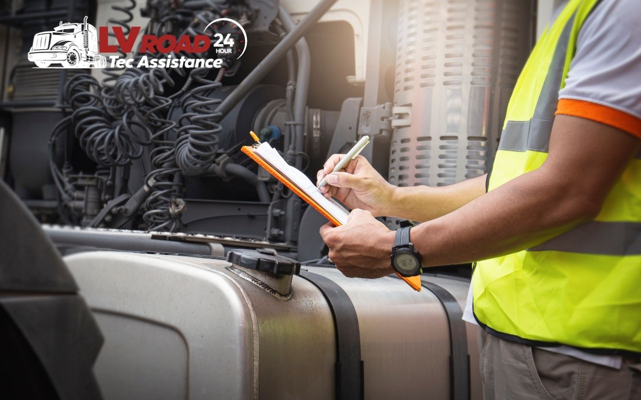 Mechanic checking semi truck fuel injector problems in a diesel engine