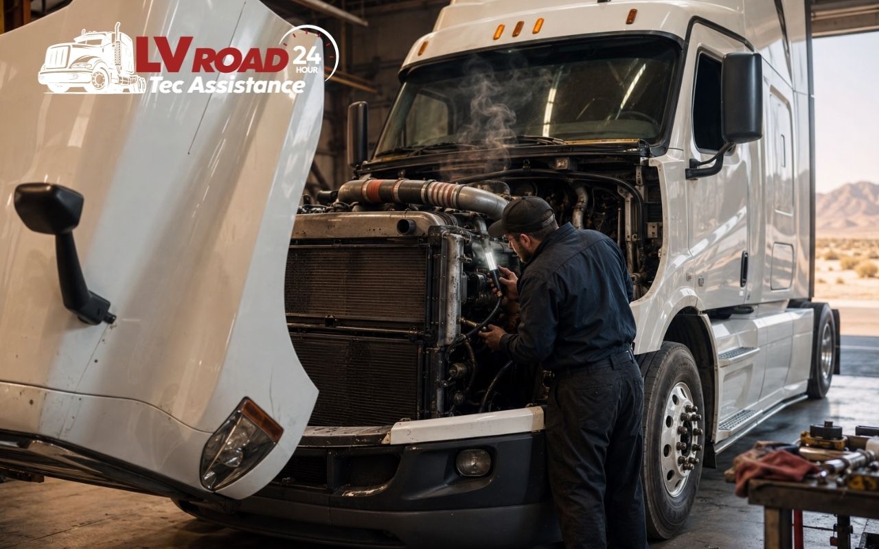 Semi truck turbo failure symptoms checked by a diesel repair technician