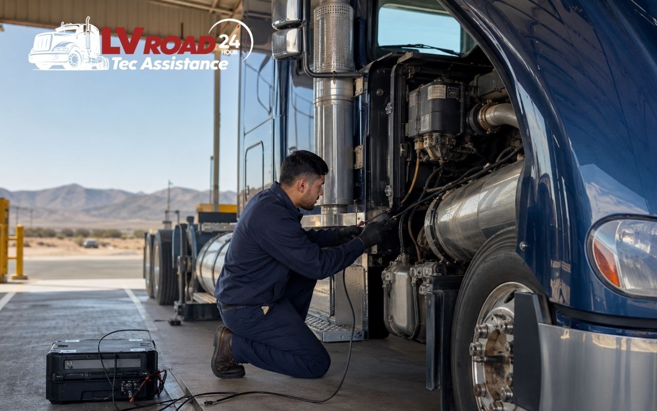 Technician checking semi truck emissions compliance in Nevada