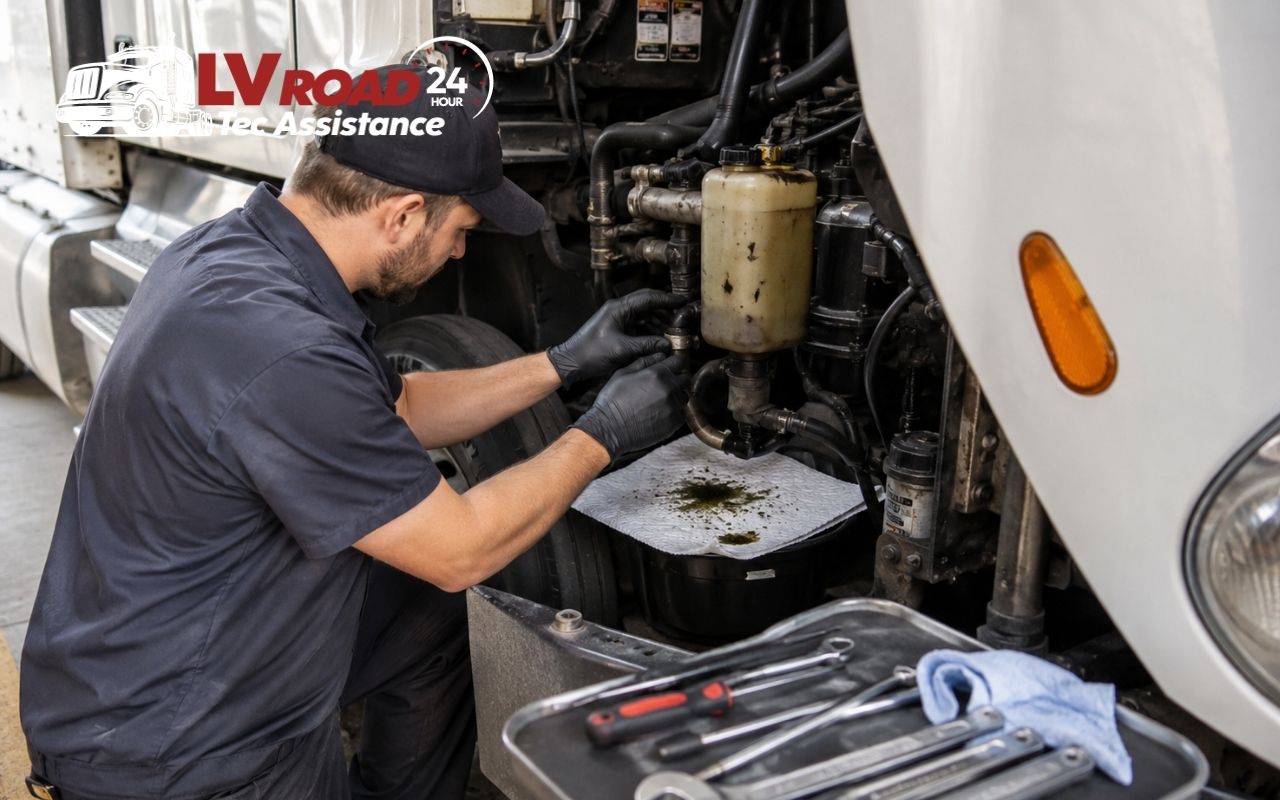 Semi truck power steering fluid leak repair for safer steering