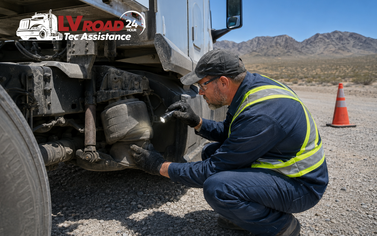 Semi truck suspension problems on desert highways in Nevada during a roadside inspection
