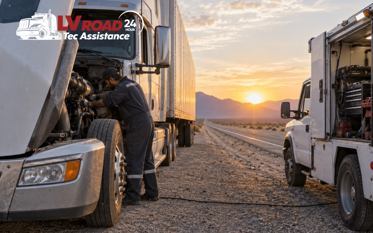 Mobile truck repair in Nipton CA assisting a semi truck on a remote roadside