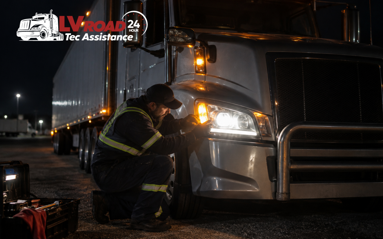Semi truck headlight and marker light repair inspection at night